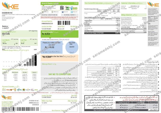 Pakistan KE Electricity business utility bill template in Word and PDF formats, 2 pages